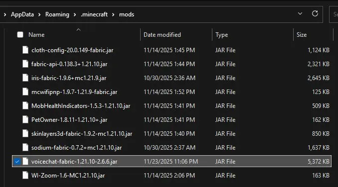 Папка .minecraft/mods с jar-файлами мода и Fabric API